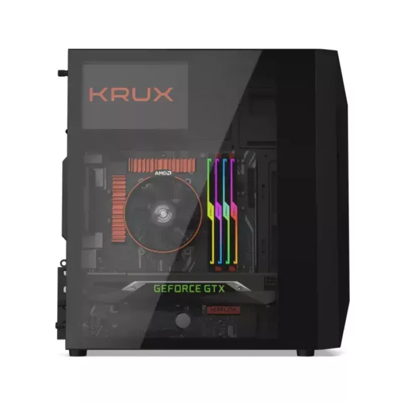 Korpuss KRUX Astro Cube Black — kuba formas korpuss, micro ATX/mini-ITX, 1×3.5 collu + 2×2.5 collu sloti, sānu logs, max PSU 28 cm, max dzesētāja augstums 136 mm