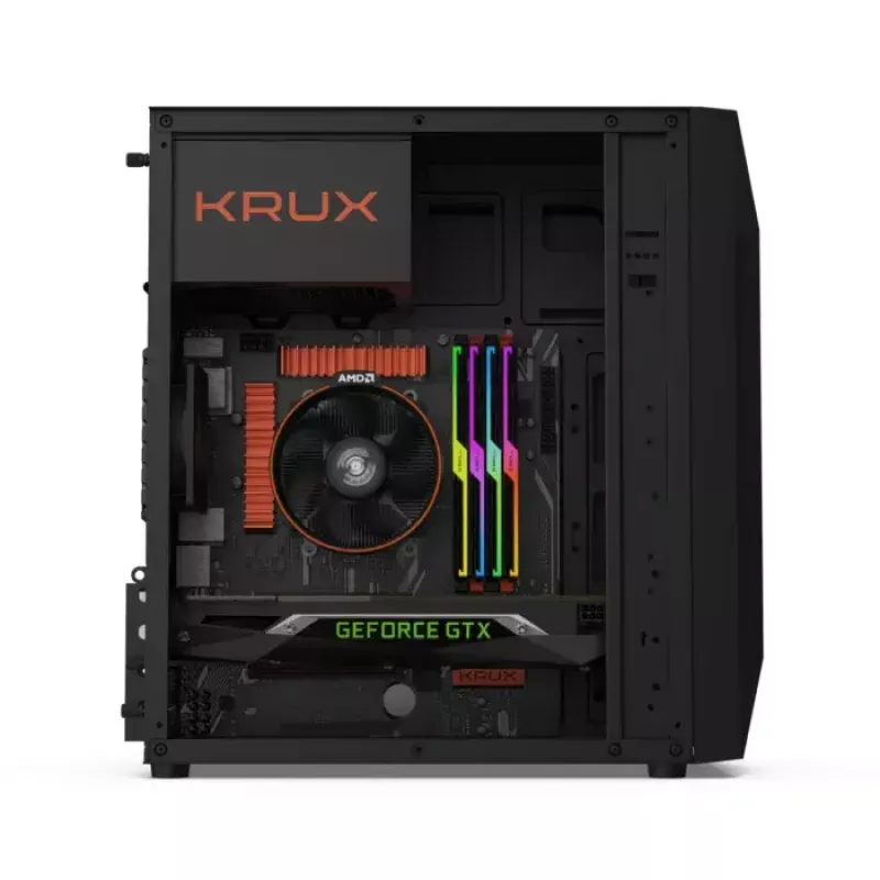 Korpuss KRUX Astro Cube Black — kuba formas korpuss, micro ATX/mini-ITX, 1×3.5 collu + 2×2.5 collu sloti, sānu logs, max PSU 28 cm, max dzesētāja augstums 136 mm