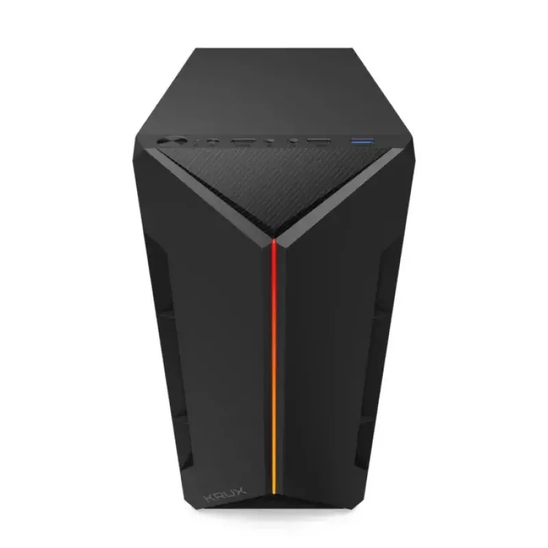 Korpuss KRUX Astro Cube Black — kuba formas korpuss, micro ATX/mini-ITX, 1×3.5 collu + 2×2.5 collu sloti, sānu logs, max PSU 28 cm, max dzesētāja augstums 136 mm