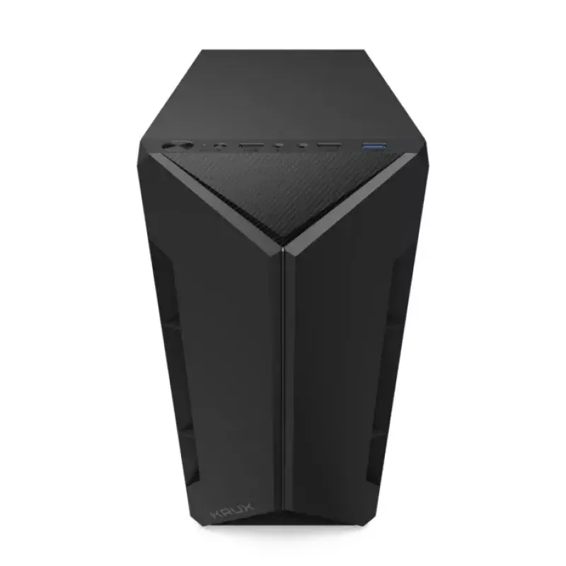 Korpuss KRUX Astro Cube Black — kuba formas korpuss, micro ATX/mini-ITX, 1×3.5 collu + 2×2.5 collu sloti, sānu logs, max PSU 28 cm, max dzesētāja augstums 136 mm