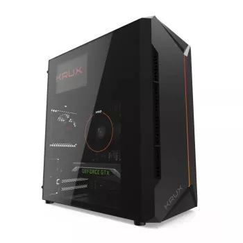 Korpuss KRUX Astro Cube Black — kuba formas korpuss, micro ATX/mini-ITX, 1×3.5 collu + 2×2.5 collu sloti, sānu logs, max PSU 28 cm, max dzesētāja augstums 136 mm