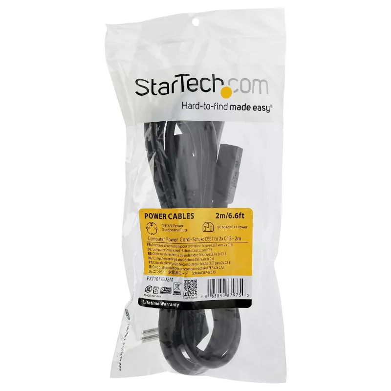 StarTech.com 2m datora strāvas Y kabelis, 18AWG, EU Schuko līdz 2x C13, 10A 250V, melns