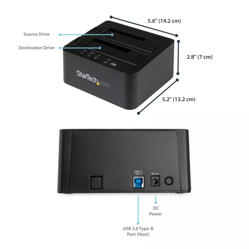 StarTech.com autonomais cietā diska dublikators, divu nodalījumu HDD/SSD klonētājs/kopētājs, USB 3.1 (10Gbps) uz SATA III HDD/SSD dokošanas stacija, cietā diska dublikatora doks, cietā diska klonētājs