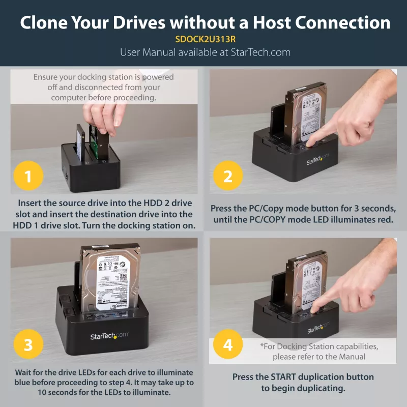 StarTech.com autonomais cietā diska dublikators, divu nodalījumu HDD/SSD klonētājs/kopētājs, USB 3.1 (10Gbps) uz SATA III HDD/SSD dokošanas stacija, cietā diska dublikatora doks, cietā diska klonētājs