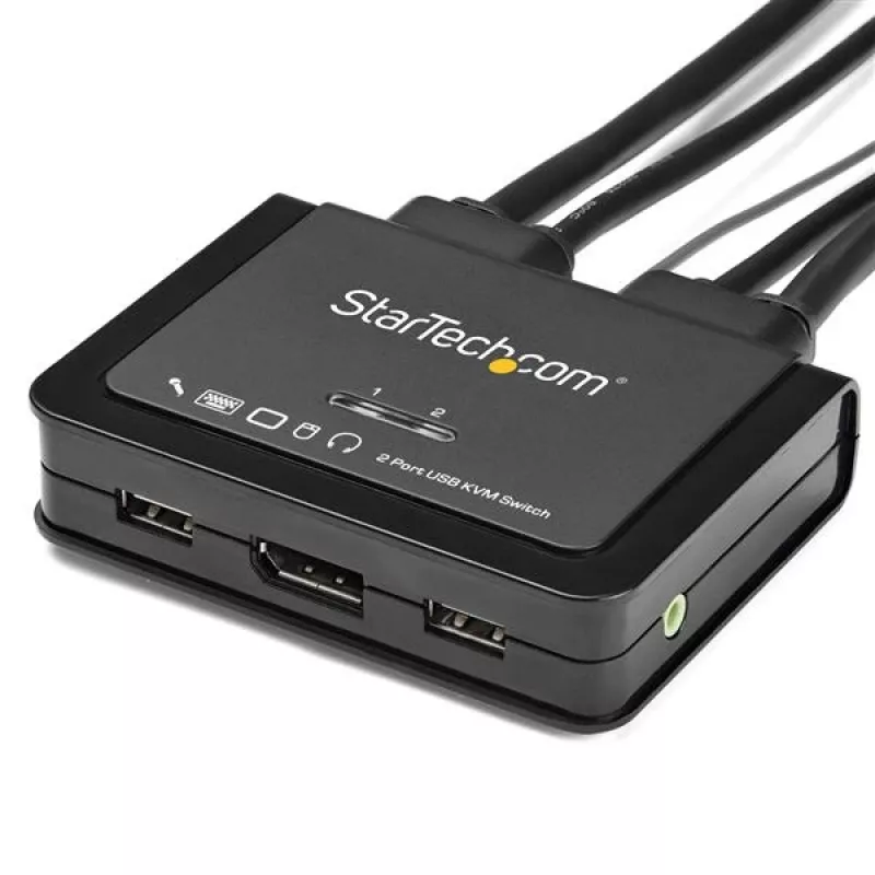 StarTech.com 2 Portu DisplayPort KVM Slēdzis - 4K 60Hz - Kompakts Divu Portu UHD DP 1.2 USB Galddatora KVM Slēdzis ar 1,2m Kabeļiem un Audio - Barošana no USB un Tālvadības Pārslēgšana - MacBook ThinkPad