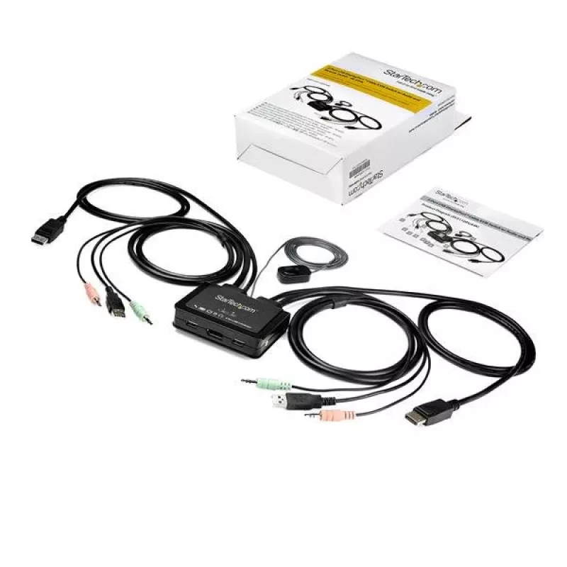 StarTech.com 2 Portu DisplayPort KVM Slēdzis - 4K 60Hz - Kompakts Divu Portu UHD DP 1.2 USB Galddatora KVM Slēdzis ar 1,2m Kabeļiem un Audio - Barošana no USB un Tālvadības Pārslēgšana - MacBook ThinkPad