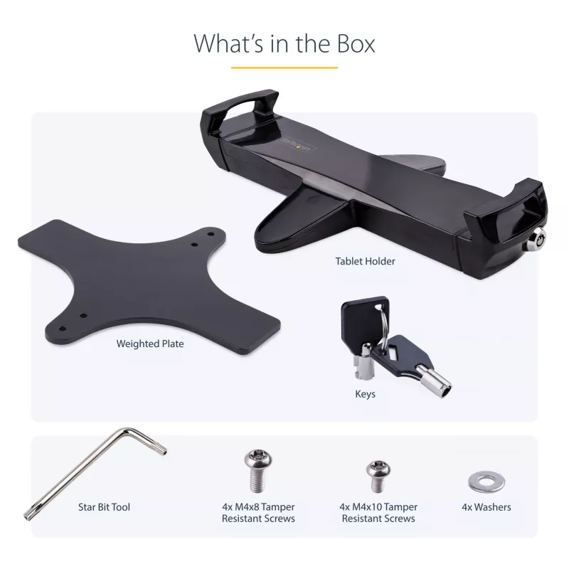 StarTech.com VESA stiprinājuma adapteris planšetēm 7,9–12,5 collām – līdz 2 kg – 75×75/100×100 mm VESA – universāla pretzagšanas planšetes VESA skava – drošs planšetes stiprinājums – melns
