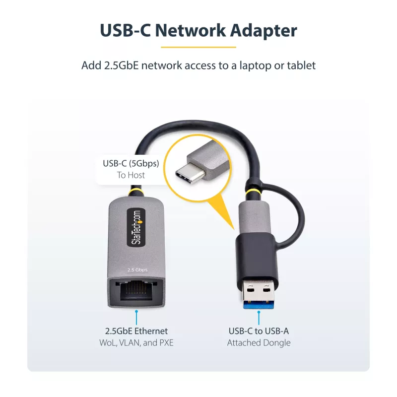 StarTech.com 2.5GbE USB-C uz Ethernet adapteris ar USB-A pārveidotāju, NBASE-T NIC, USB 3.0 Type-C 2.5/1G daudzātrumu tīkls, saderīgs ar Thunderbolt, Windows un Mac