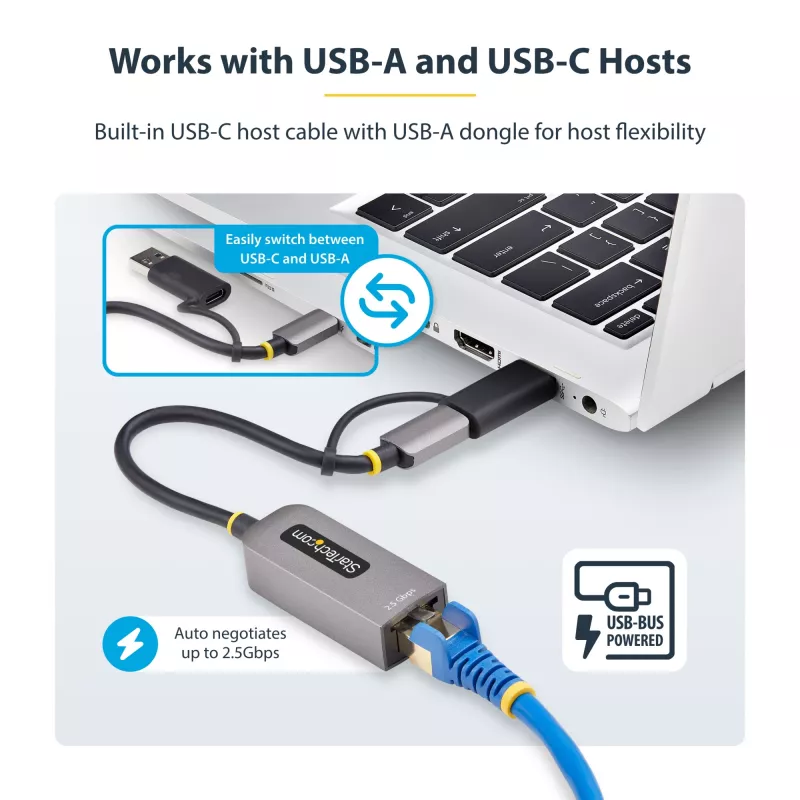 StarTech.com 2.5GbE USB-C uz Ethernet adapteris ar USB-A pārveidotāju, NBASE-T NIC, USB 3.0 Type-C 2.5/1G daudzātrumu tīkls, saderīgs ar Thunderbolt, Windows un Mac