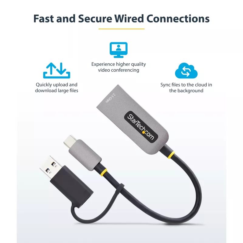 StarTech.com 2.5GbE USB-C uz Ethernet adapteris ar USB-A pārveidotāju, NBASE-T NIC, USB 3.0 Type-C 2.5/1G daudzātrumu tīkls, saderīgs ar Thunderbolt, Windows un Mac