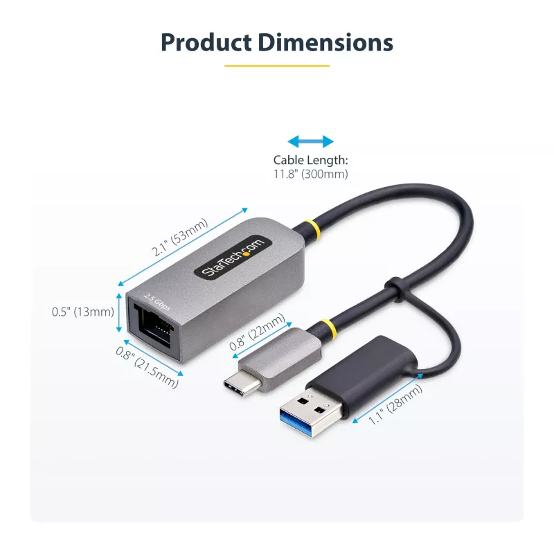 StarTech.com 2.5GbE USB-C uz Ethernet adapteris ar USB-A pārveidotāju, NBASE-T NIC, USB 3.0 Type-C 2.5/1G daudzātrumu tīkls, saderīgs ar Thunderbolt, Windows un Mac