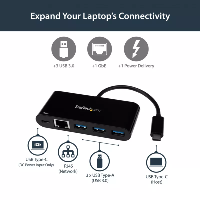 StarTech.com USB-C uz Ethernet adapteris ar 3 portu USB 3.0 centrmezglu un Power Delivery