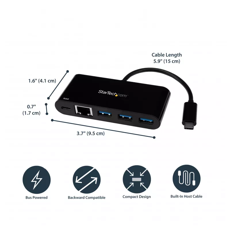 StarTech.com USB-C uz Ethernet adapteris ar 3 portu USB 3.0 centrmezglu un Power Delivery
