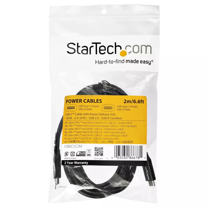 StarTech.com USB-C uz USB-C kabelis ar 5A PD - vīrietis/vīrietis - 2 m (6 pēdas) - USB 2.0 - USB-IF sertificēts