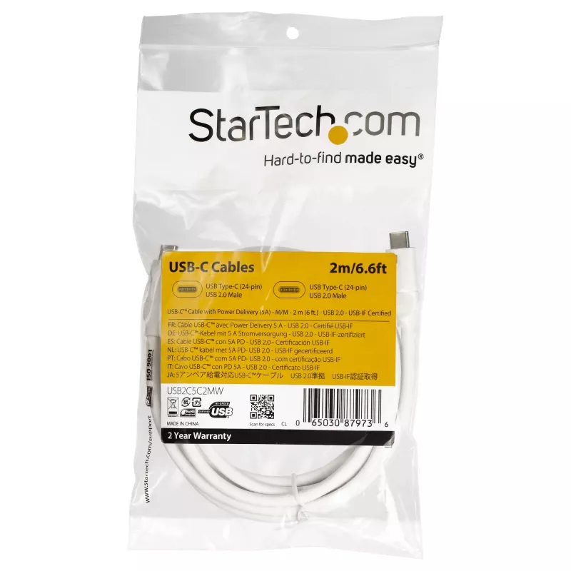 StarTech.com USB-C uz USB-C kabelis ar 5A PD - vīriešu/vīriešu - balts - 2 m - USB 2.0 - USB-IF sertificēts