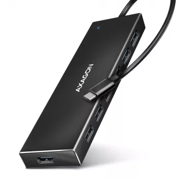 Axagon HUE-F7C 7x USB 3.2 Gen 1 ALU FLAT centrmezgls ar mikrobarošanu 30cm USB-C USB 3.2 Gen 1 (3.1 Gen 1) Type-A 5000 Mbit/s Melns