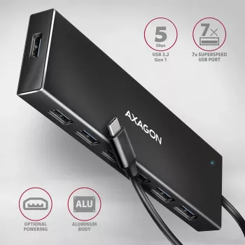 Axagon HUE-F7C 7x USB 3.2 Gen 1 ALU FLAT centrmezgls ar mikrobarošanu 30cm USB-C USB 3.2 Gen 1 (3.1 Gen 1) Type-A 5000 Mbit/s Melns