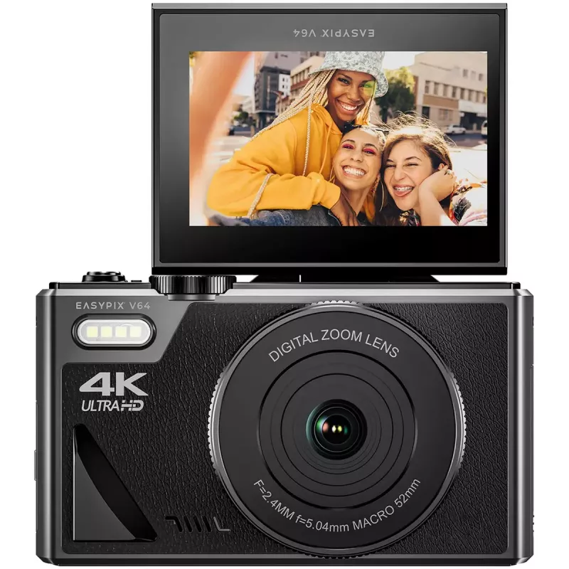 Easypix V64 Flip 20203 kompaktā digitālā kamera, 64 MP, 4K video, 3 collu pagriežams displejs, 18x digitālais tālummaiņas režīms, WiFi