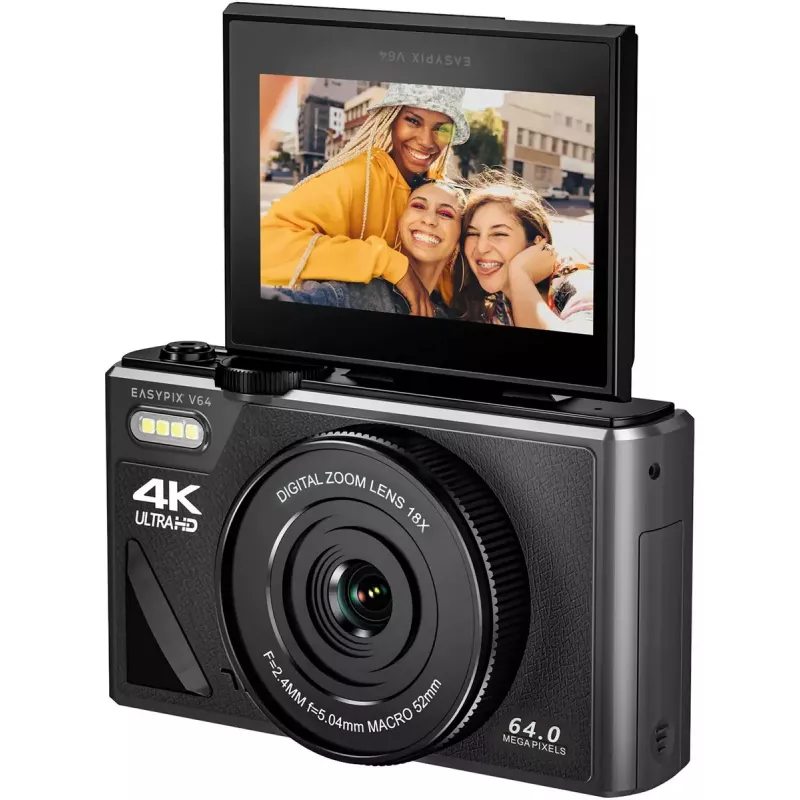 Easypix V64 Flip 20203 kompaktā digitālā kamera, 64 MP, 4K video, 3 collu pagriežams displejs, 18x digitālais tālummaiņas režīms, WiFi