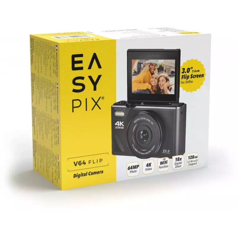 Easypix V64 Flip 20203 kompaktā digitālā kamera, 64 MP, 4K video, 3 collu pagriežams displejs, 18x digitālais tālummaiņas režīms, WiFi