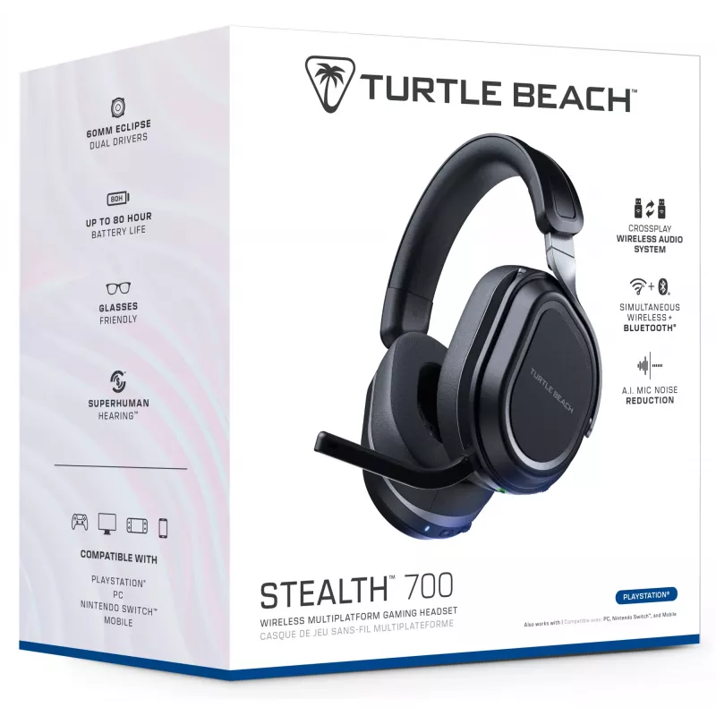 Turtle Beach Stealth 700 Black PlayStation bezvadu spēļu austiņas ar līdz 80 h akumulatoru, Bluetooth, diviem raidītājiem un 60 mm skaļruņiem PS5, PS4, PC un mobilajām ierīcēm