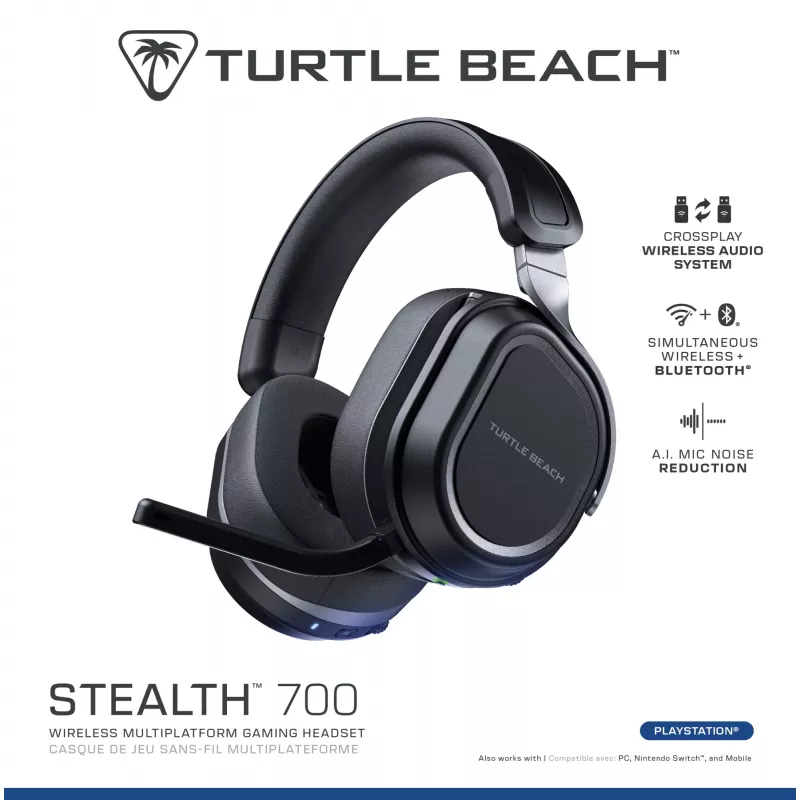 Turtle Beach Stealth 700 Black PlayStation bezvadu spēļu austiņas ar līdz 80 h akumulatoru, Bluetooth, diviem raidītājiem un 60 mm skaļruņiem PS5, PS4, PC un mobilajām ierīcēm