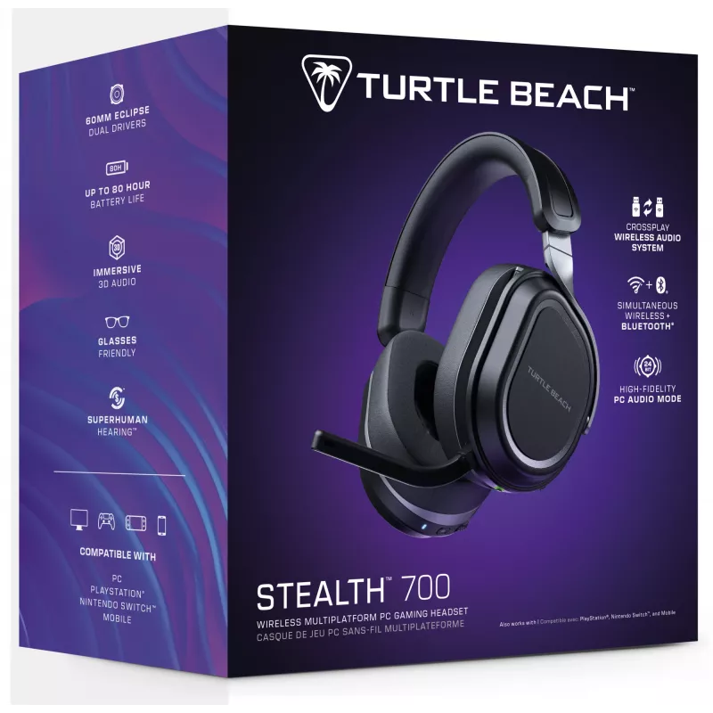 Turtle Beach Stealth 700 Black bezvadu spēļu austiņas PC, PS5, PS4 un mobilajām ierīcēm ar līdz 80 stundu akumulatoru, Bluetooth, diviem raidītājiem un 60 mm skaļruņiem