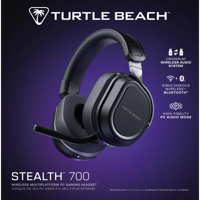 Turtle Beach Stealth 700 Black bezvadu spēļu austiņas PC, PS5, PS4 un mobilajām ierīcēm ar līdz 80 stundu akumulatoru, Bluetooth, diviem raidītājiem un 60 mm skaļruņiem