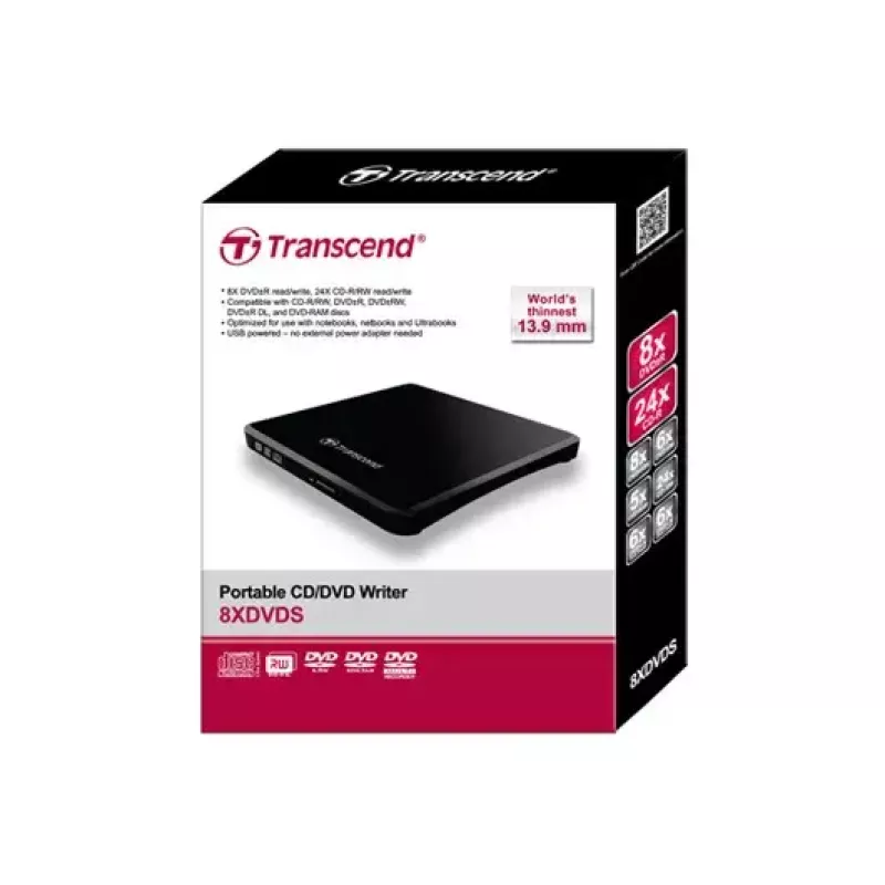 Pārnēsājams DVD rakstītājs Transcend TS8XDVDS-K, USB 2.0, Melns
