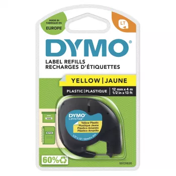 DYMO LetraTag plastmasas etiķetes, 12 mm x 4 m, melns uz dzeltena, pašlīmējošas