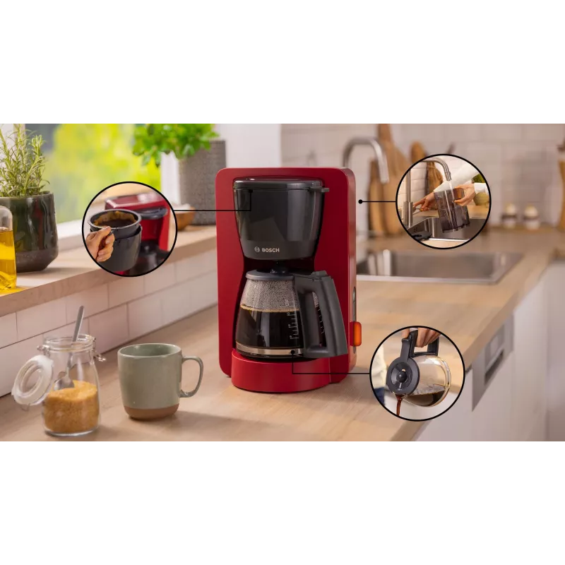Pilienu kafijas automāts Bosch TKA3M134 — 1.4 L ūdens tvertne, 15 tasīšu ietilpība, sarkans