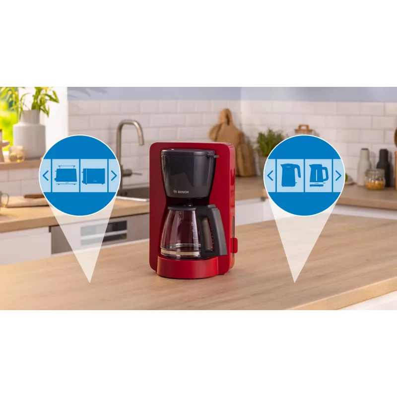 Pilienu kafijas automāts Bosch TKA3M134 — 1.4 L ūdens tvertne, 15 tasīšu ietilpība, sarkans