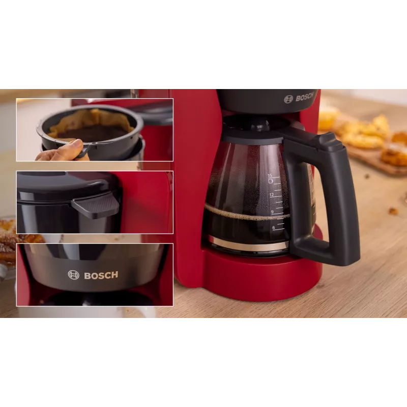 Pilienu kafijas automāts Bosch TKA3M134 — 1.4 L ūdens tvertne, 15 tasīšu ietilpība, sarkans