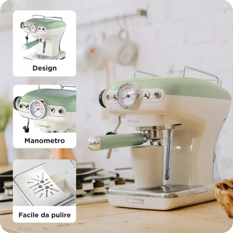 Ariete 1389 Vintage espresso kafijas automāts - Espresso automāts maltai kafijai vai ESE kapsulām, pasteļzaļā krāsā