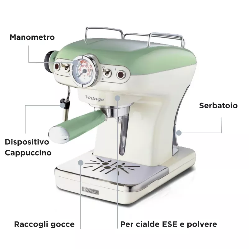 Ariete 1389 Vintage espresso kafijas automāts - Espresso automāts maltai kafijai vai ESE kapsulām, pasteļzaļā krāsā