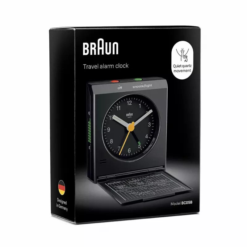 Modinātājpulkstenis BRAUN BC 05 B Quartz Foldable Black — kompakts ceļojumu modinātājs ar kvarca mehānismu
