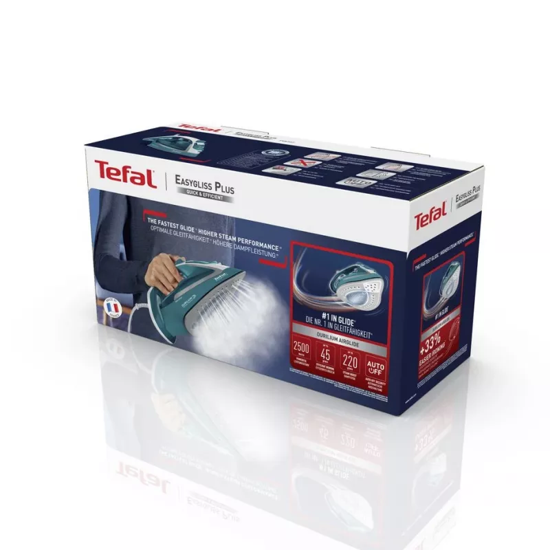 Tefal EasyGliss Plus FV5737 sausā un tvaika gludeklis ar Durilium zoli 2500 W, tirkīzzils, balts