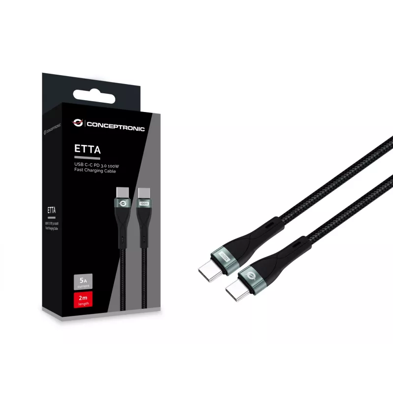 Conceptronic ETTA01B20 USB C-C PD 3.0 ātrās uzlādes kabelis 2m, 20V 5A, 480Mbps, E-Mark