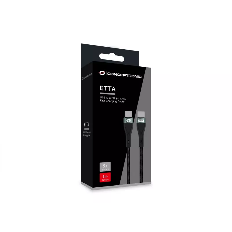 Conceptronic ETTA01B20 USB C-C PD 3.0 ātrās uzlādes kabelis 2m, 20V 5A, 480Mbps, E-Mark