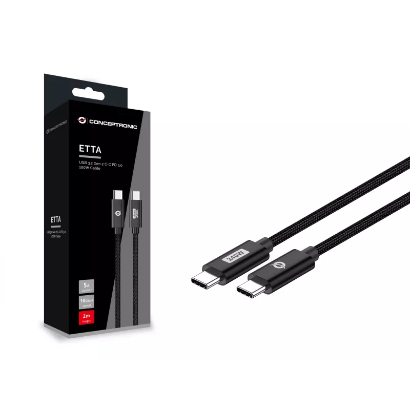 Conceptronic ETTA03B12 USB C-C PD 3.1 ātrās uzlādes kabelis 1,2 m, 240W, 48V 5A, 480Mbps, pīts