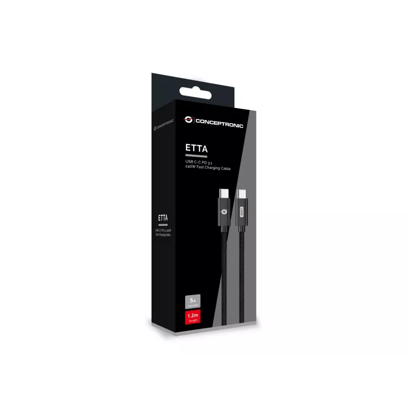 Conceptronic ETTA03B12 USB C-C PD 3.1 ātrās uzlādes kabelis 1,2 m, 240W, 48V 5A, 480Mbps, pīts