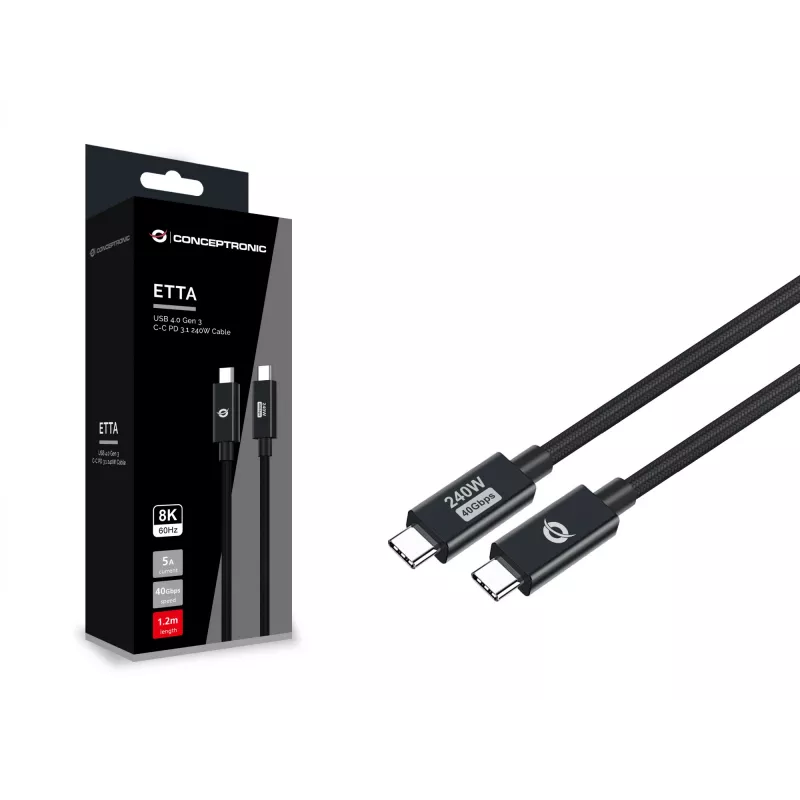 Conceptronic ETTA04B12 USB 4.0 Gen 3 C-C PD 3.1 240W kabelis 1.2m, 48V 5A, 40Gbps, E-Mark