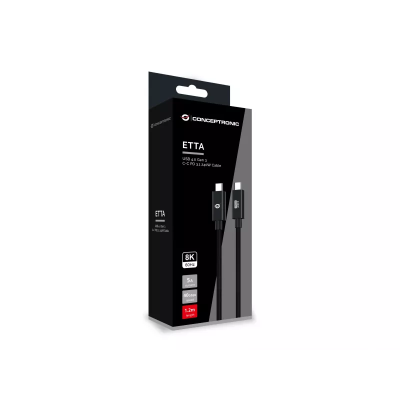 Conceptronic ETTA04B12 USB 4.0 Gen 3 C-C PD 3.1 240W kabelis 1.2m, 48V 5A, 40Gbps, E-Mark