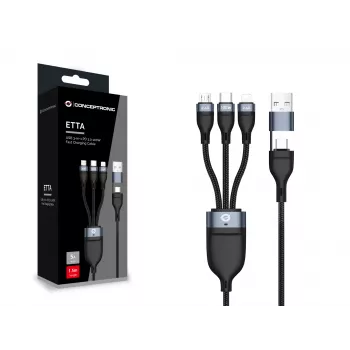 Conceptronic ETTA06B15 USB 3-in-1 PD 3.0 100W ātrās uzlādes kabelis 1.5m, 20V 5A, 480Mbps, E-Mark