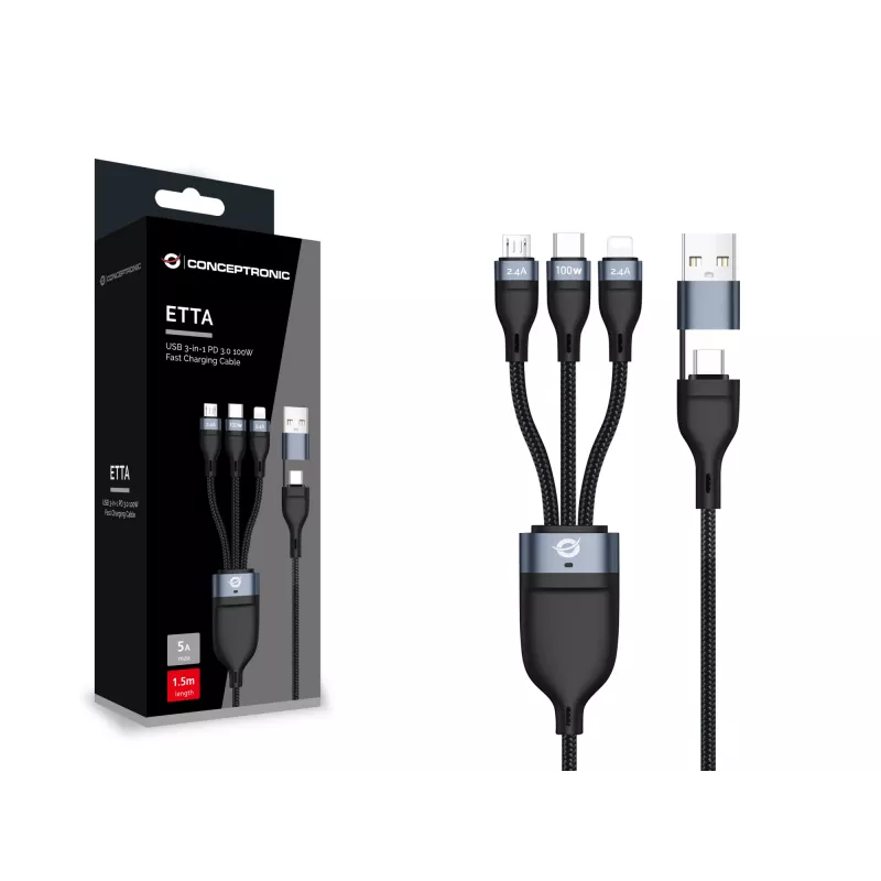 Conceptronic ETTA06B15 USB 3-in-1 PD 3.0 100W ātrās uzlādes kabelis 1.5m, 20V 5A, 480Mbps, E-Mark