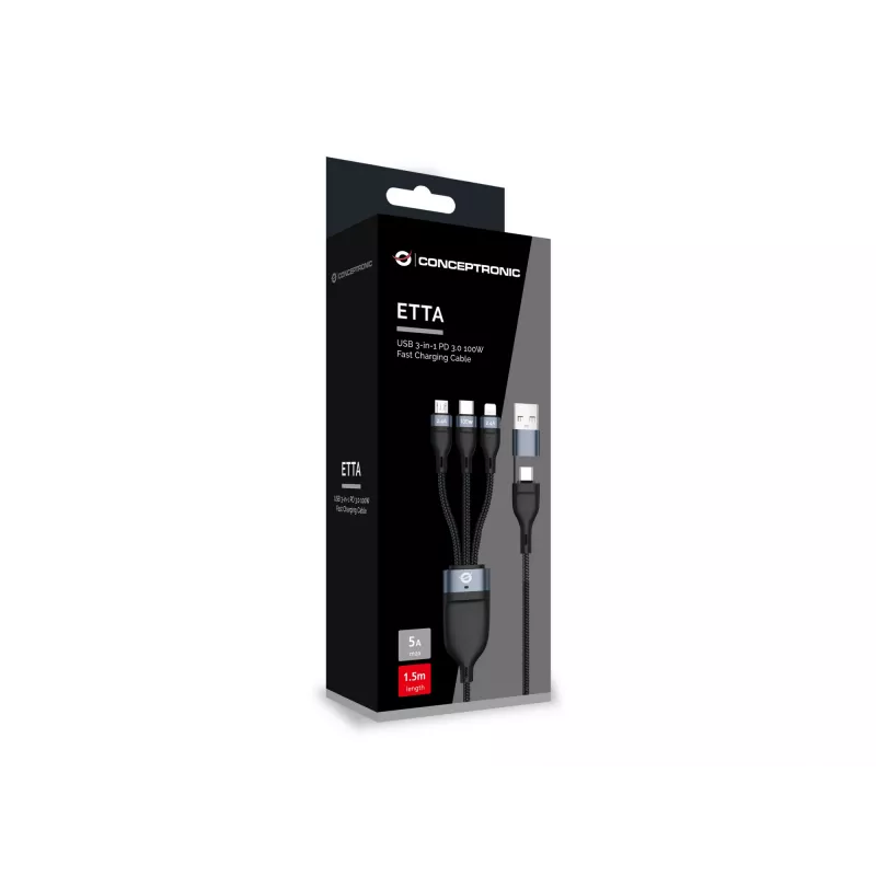 Conceptronic ETTA06B15 USB 3-in-1 PD 3.0 100W ātrās uzlādes kabelis 1.5m, 20V 5A, 480Mbps, E-Mark