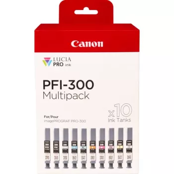 Canon PFI-300 tintas kasetes 10 gab. oriģinālās: Melna, Zila, Ciāna, Pelēka, Fuksīna, Fotogrāfiskā melna, Fotogrāfiskā fuksīna, Sarkana, Dzeltena