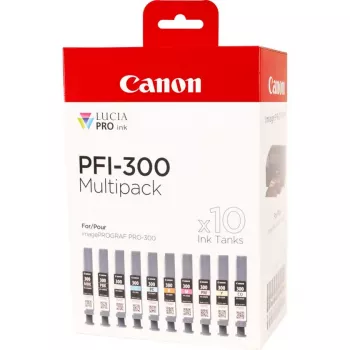 Canon PFI-300 tintas kasetes 10 gab. oriģinālās: Melna, Zila, Ciāna, Pelēka, Fuksīna, Fotogrāfiskā melna, Fotogrāfiskā fuksīna, Sarkana, Dzeltena
