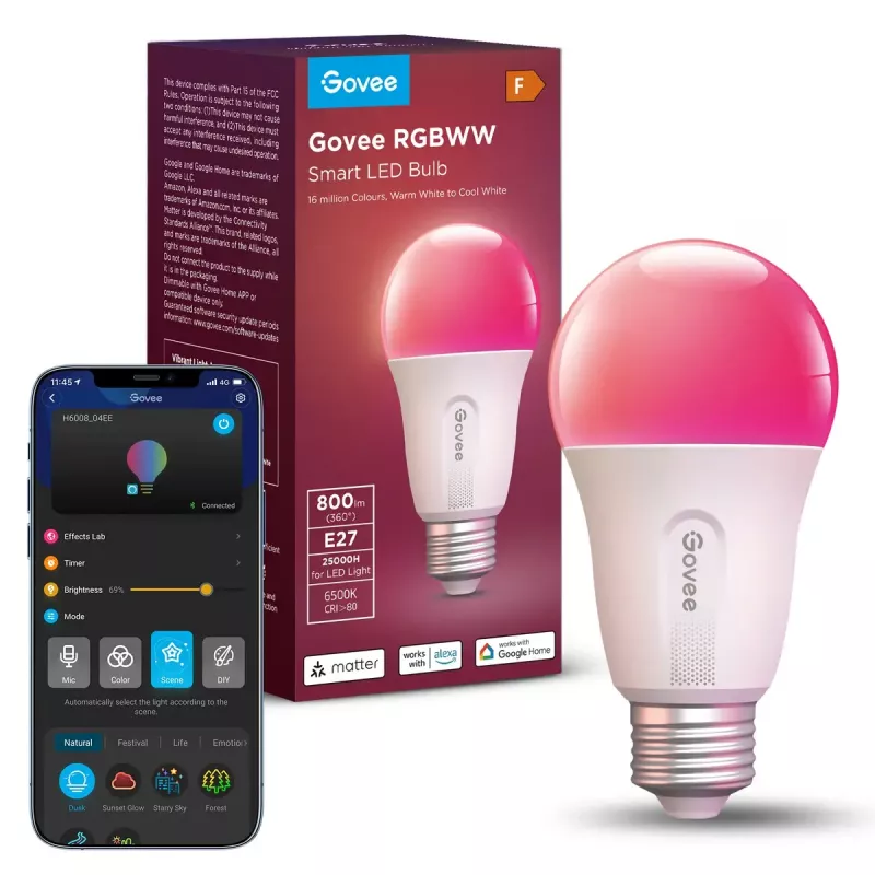 Govee Smart Wifi&BLE spuldze 800 lm — E27, 9 W, Wi‑Fi/Bluetooth, balta