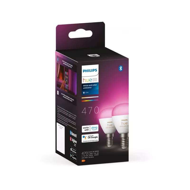 Philips Hue White and colour ambience Lustre P45 E14 viedā spuldze (2 iepakojumā)